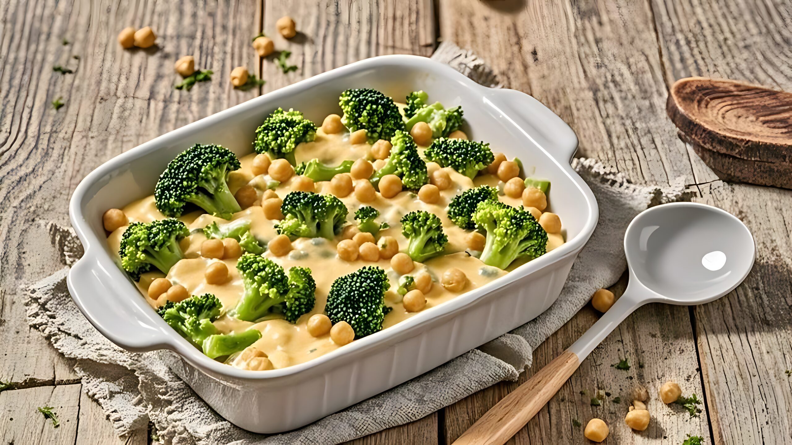 Indulge in a deliciously healthy Vegan Broccoli and Cheese Casserole, featuring creamy vegan cheese, fresh broccoli florets, and quinoa, all topped with crispy roasted chickpeas. Best of all, this dish can be baked in under an hour—dinner is served!