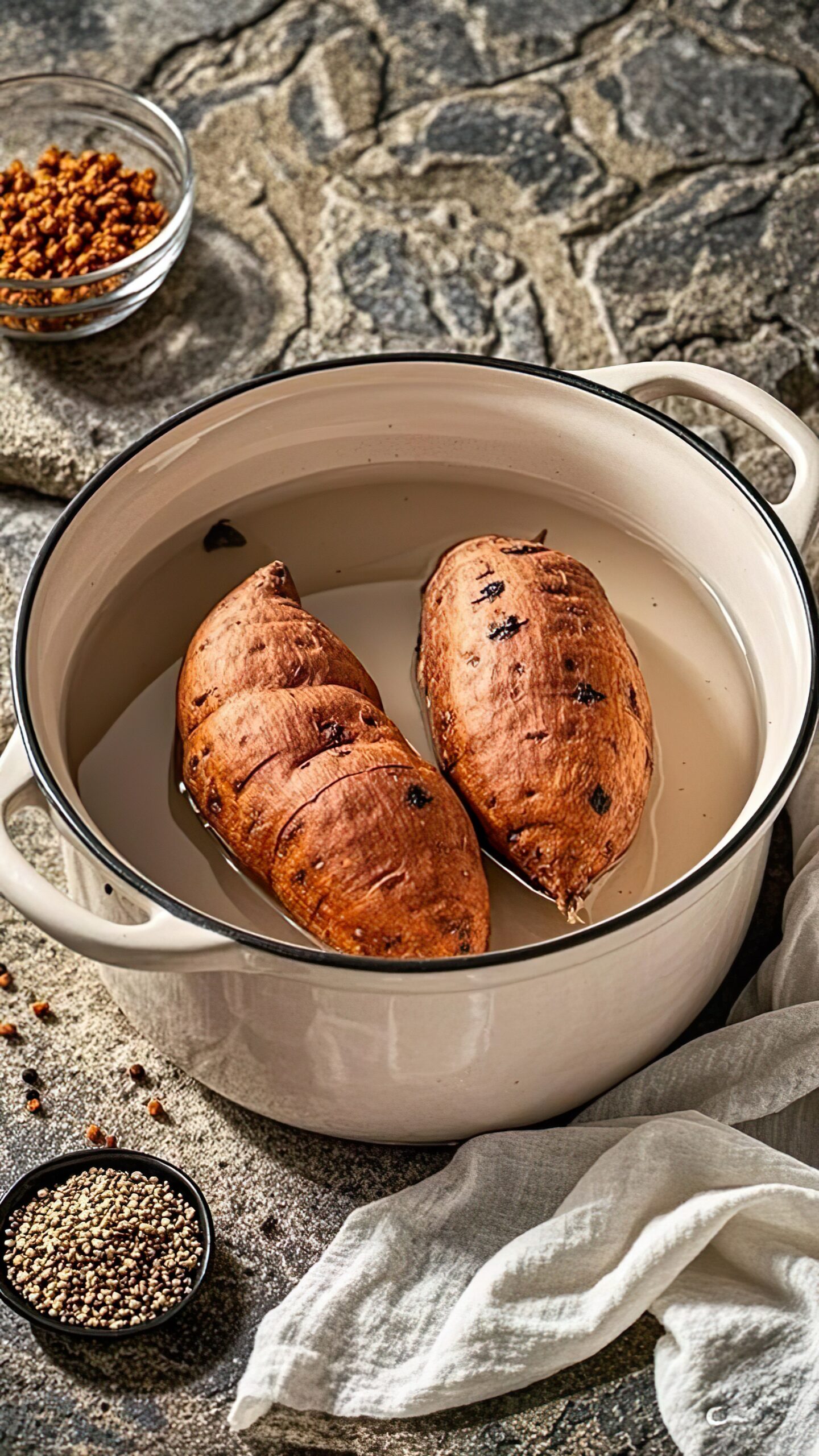 Overhead view of whole sweet potatoes being parboiled in pot